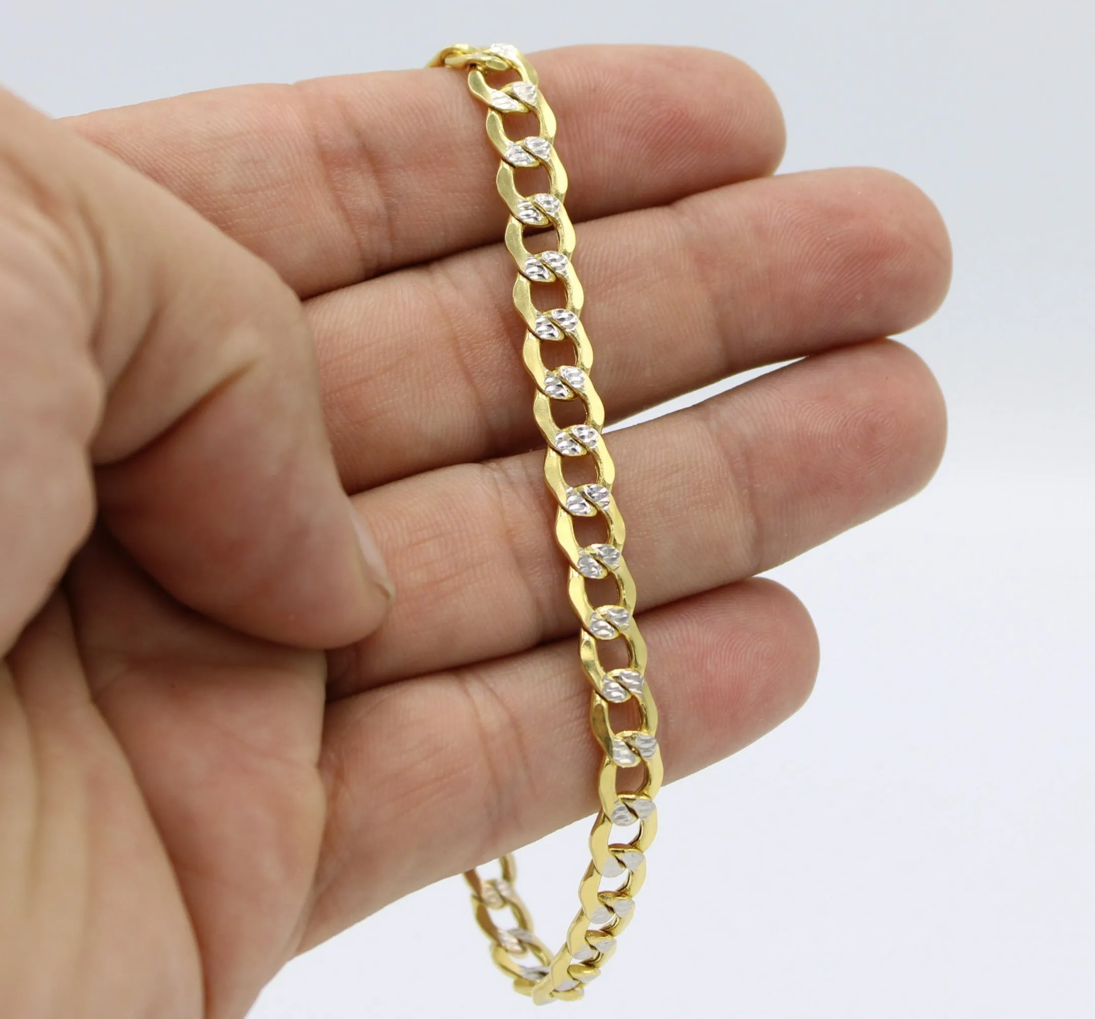 14K Semi-Solid Flat Cuban Bracelet Two Tones Yellow Gold // 7mm  //