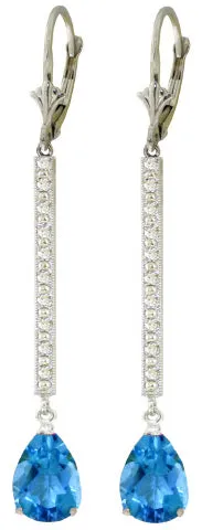 14K Solid White Gold Earrings Diamond & Blue Topaz Gemstone