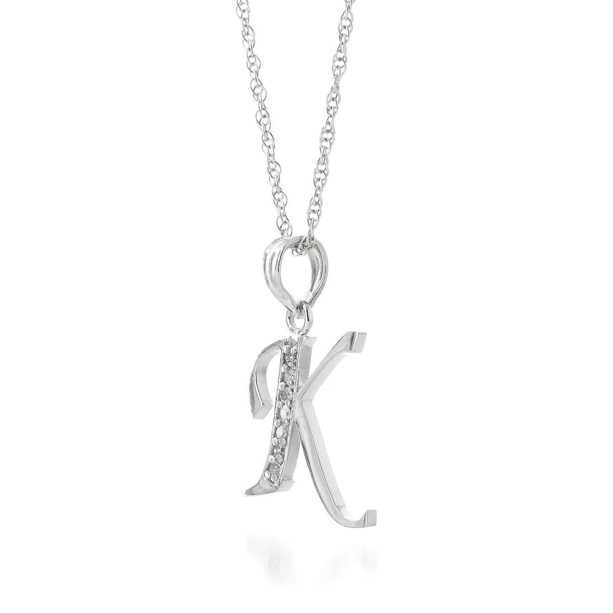 14K Solid White Gold Necklace w/ Natural Diamonds Initial 'k' Pendant