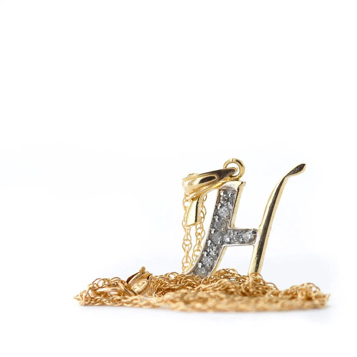 14K Solid Yellow Gold Necklace w/ Natural Diamonds Initial 'h' Pendant