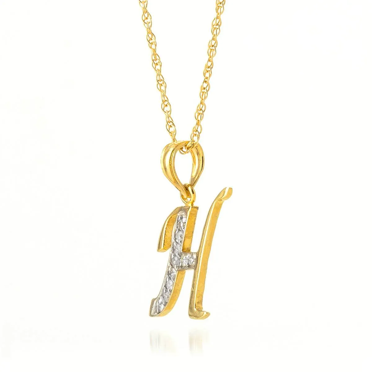 14K Solid Yellow Gold Necklace w/ Natural Diamonds Initial 'h' Pendant