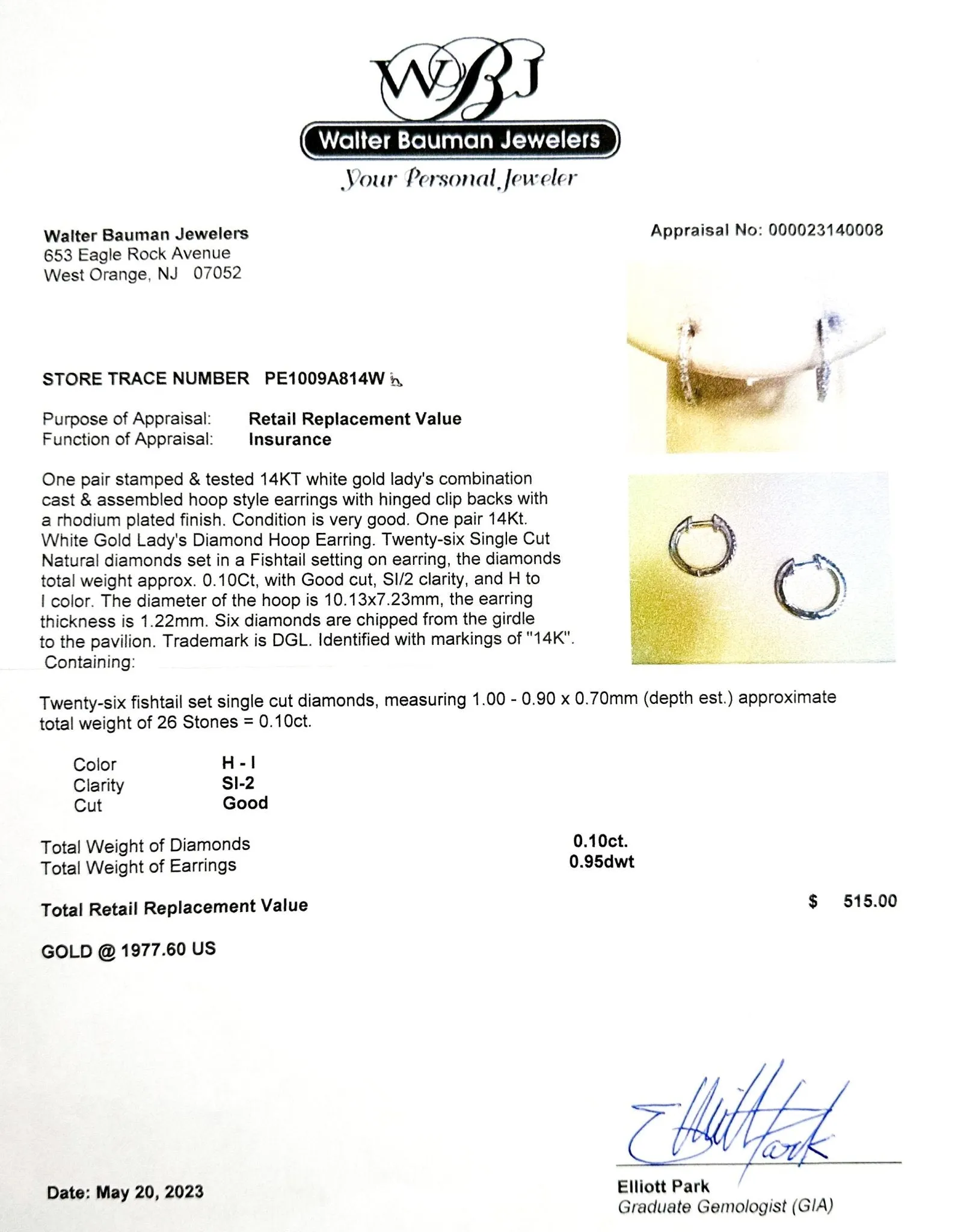 14K W Gold 0.10ctw H-I/SI2 Diamond Huggie Earrings b