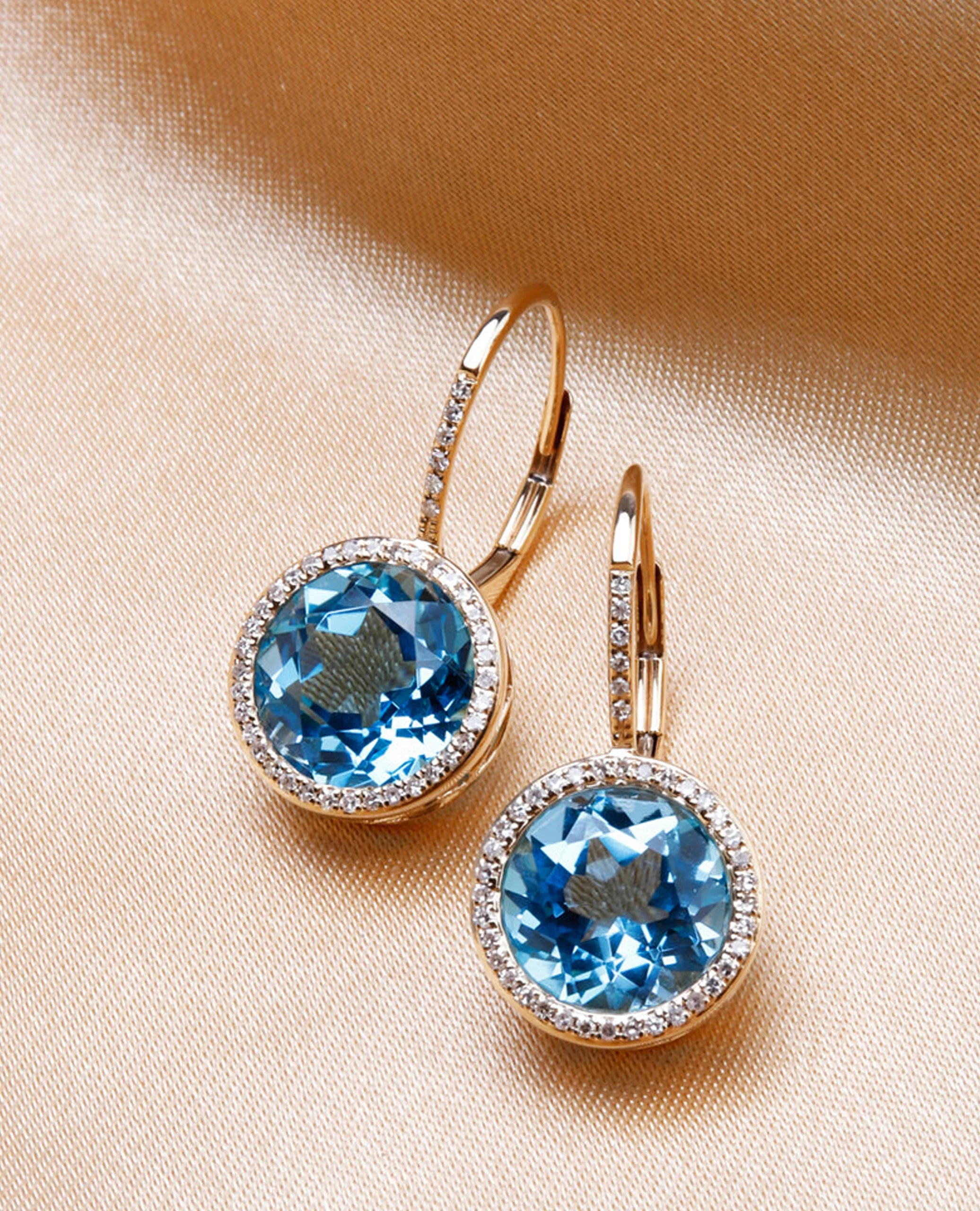 14K Yellow Gold Blue Topaz and Diamond Halo Drop Earrings