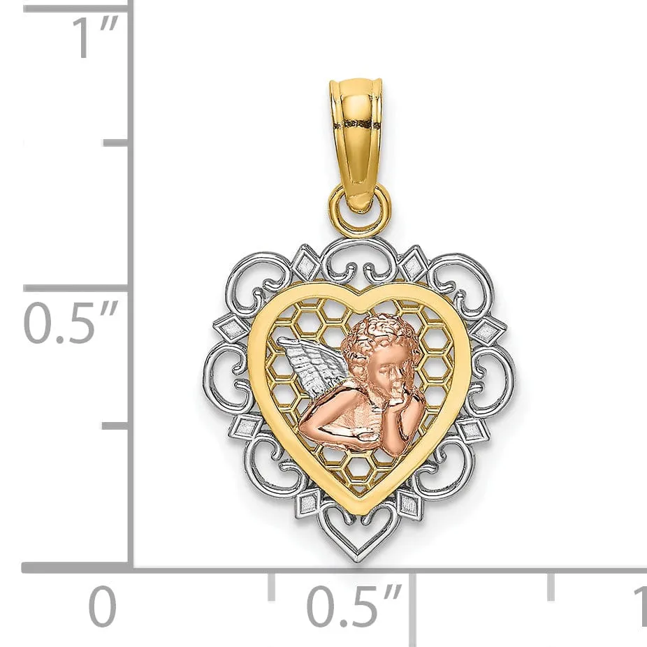 14K Yellow Rose Gold White Rhodium Heart Shape Angel Medal Pendant