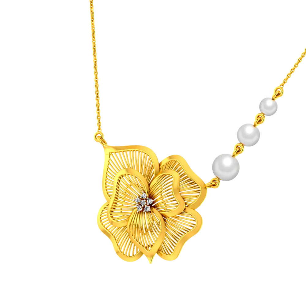 18k Gold Flower Shaped Diamond Necklace 3 Pearls