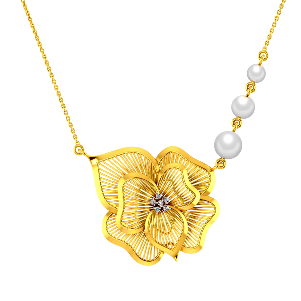 18k Gold Flower Shaped Diamond Necklace 3 Pearls