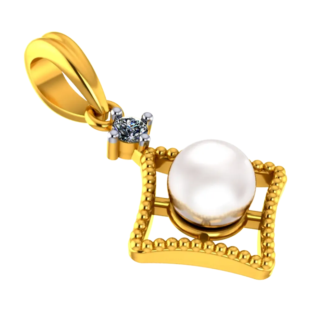 22k Diamond Shaped Gold Pendant With A Pearl And Stone Detailing