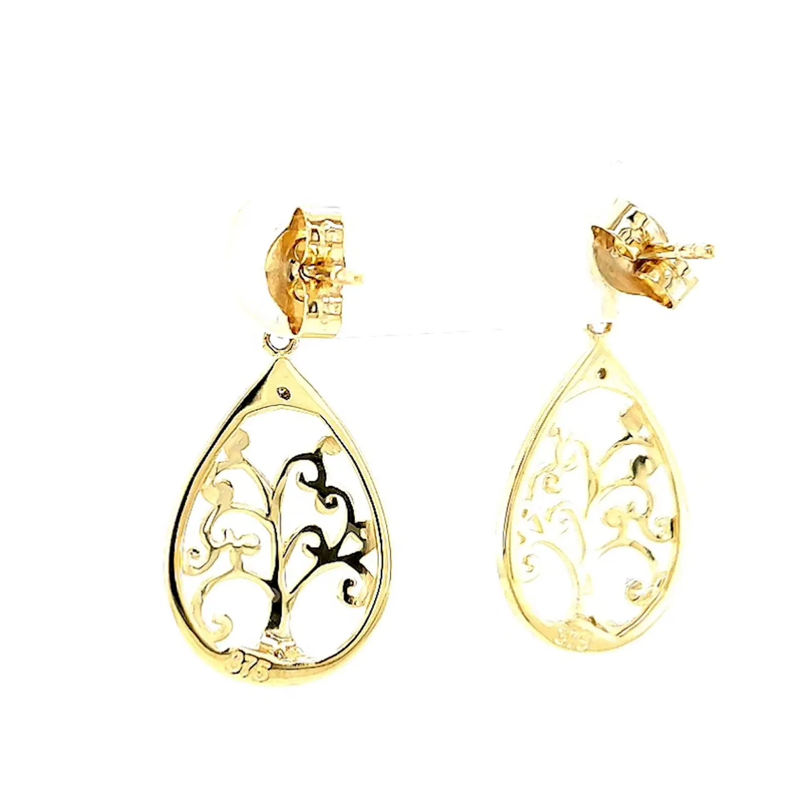 9ct Yellow Gold Diamond Set Tree of Life  Drop Earrings