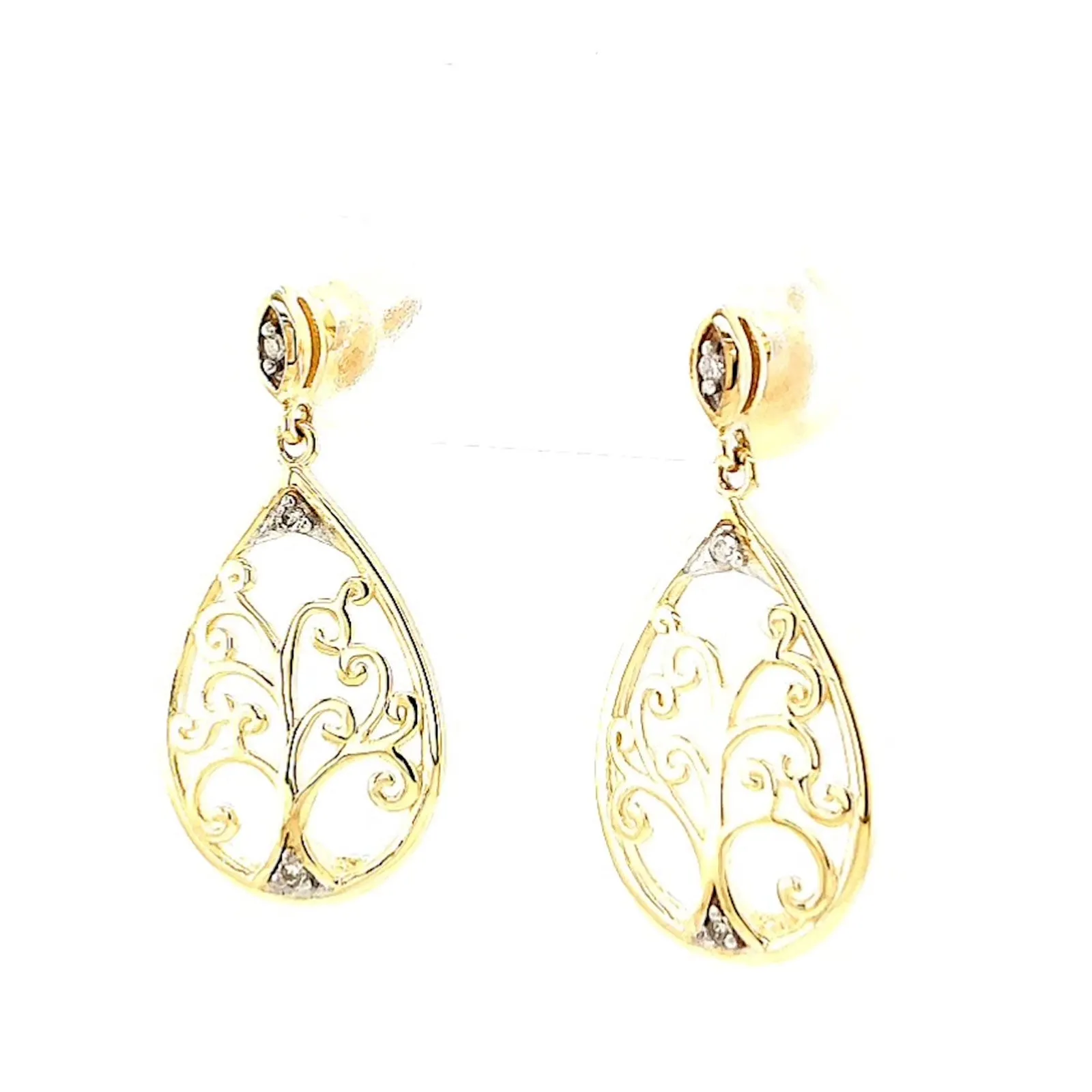 9ct Yellow Gold Diamond Set Tree of Life  Drop Earrings