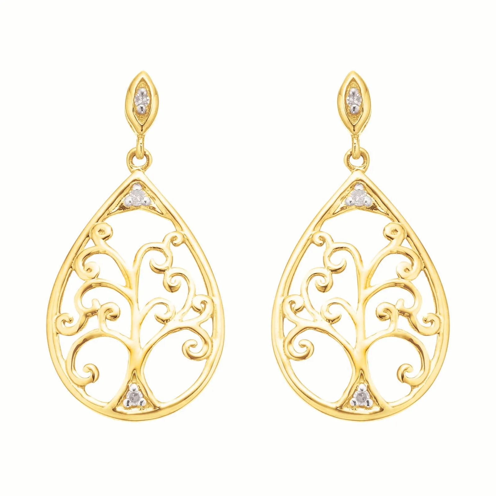 9ct Yellow Gold Diamond Set Tree of Life  Drop Earrings