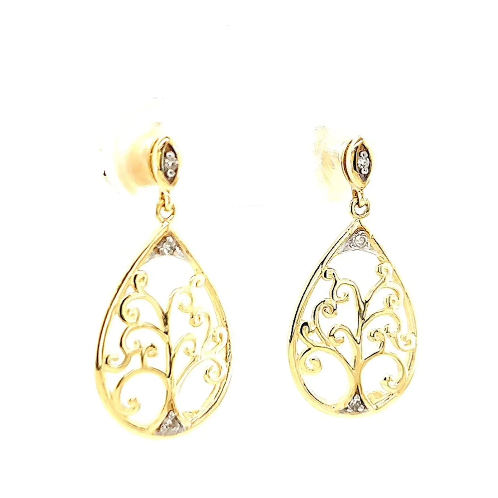9ct Yellow Gold Diamond Set Tree of Life  Drop Earrings