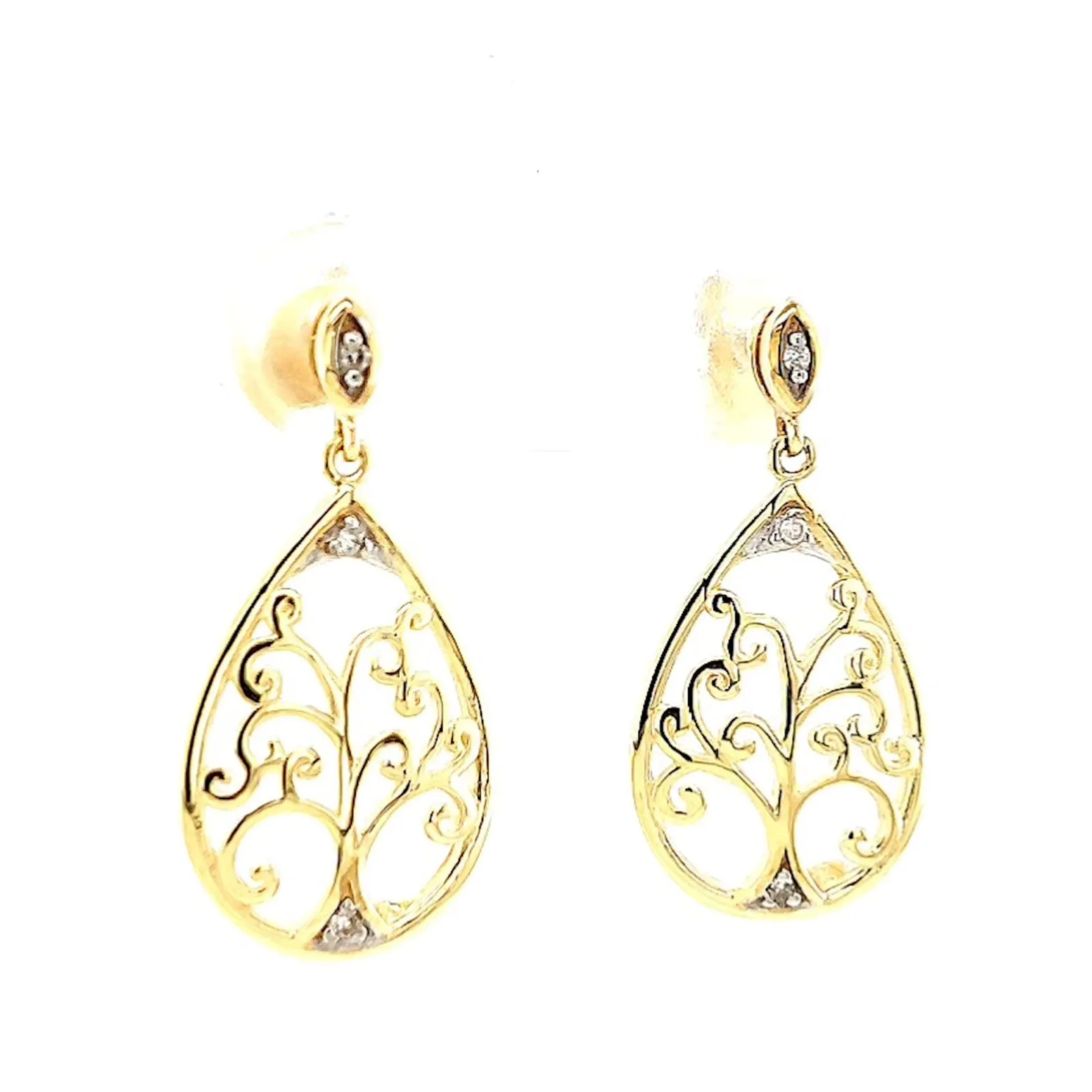 9ct Yellow Gold Diamond Set Tree of Life  Drop Earrings