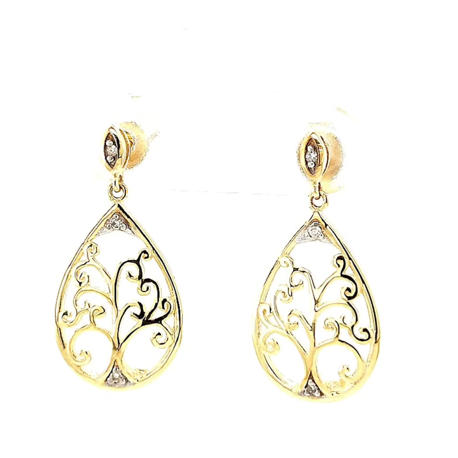 9ct Yellow Gold Diamond Set Tree of Life  Drop Earrings
