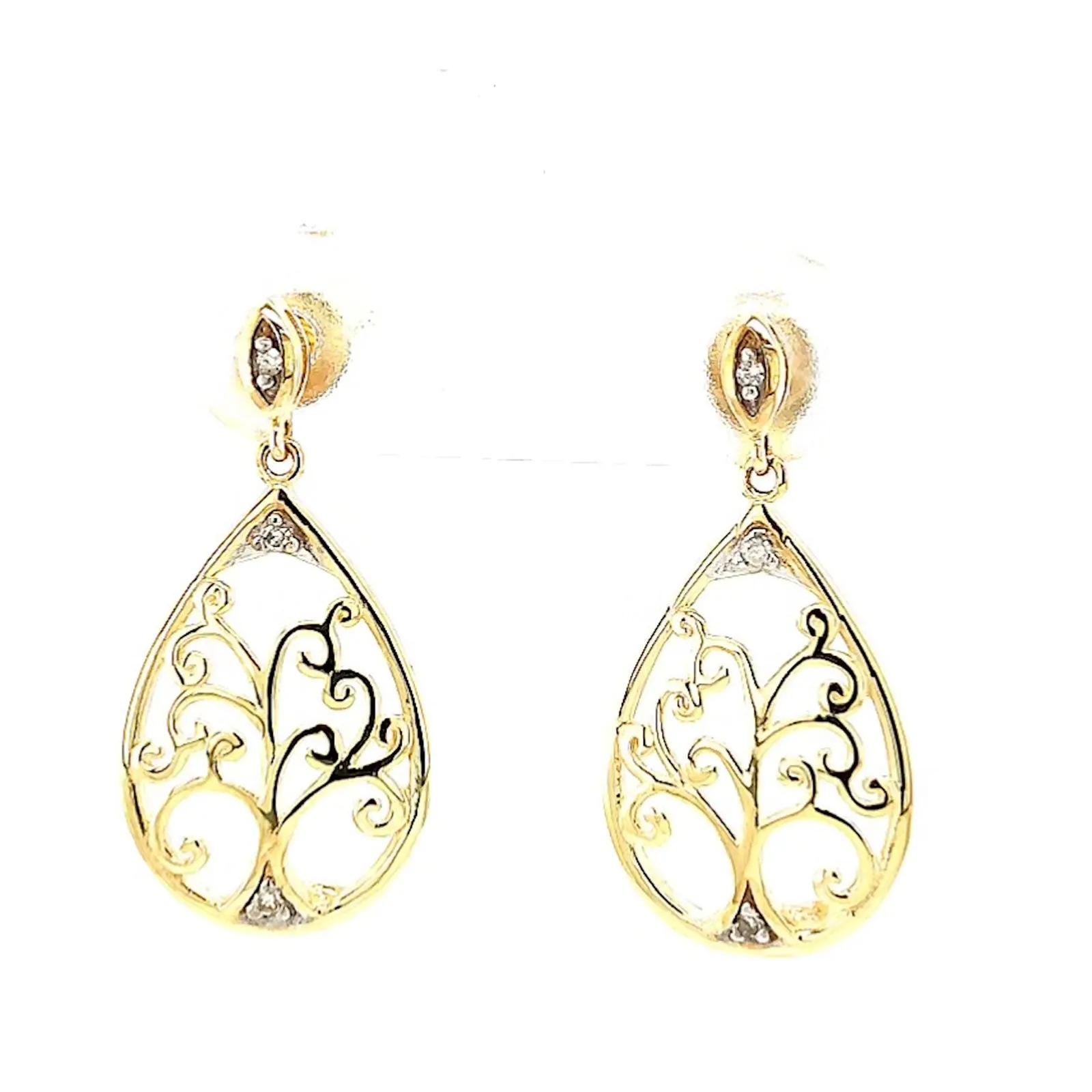9ct Yellow Gold Diamond Set Tree of Life  Drop Earrings