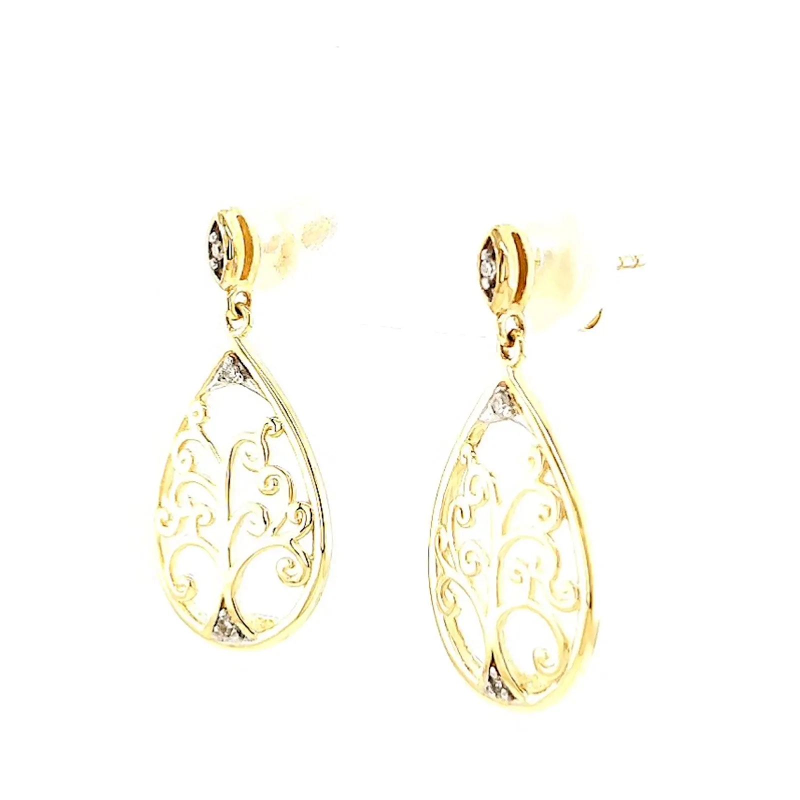 9ct Yellow Gold Diamond Set Tree of Life  Drop Earrings