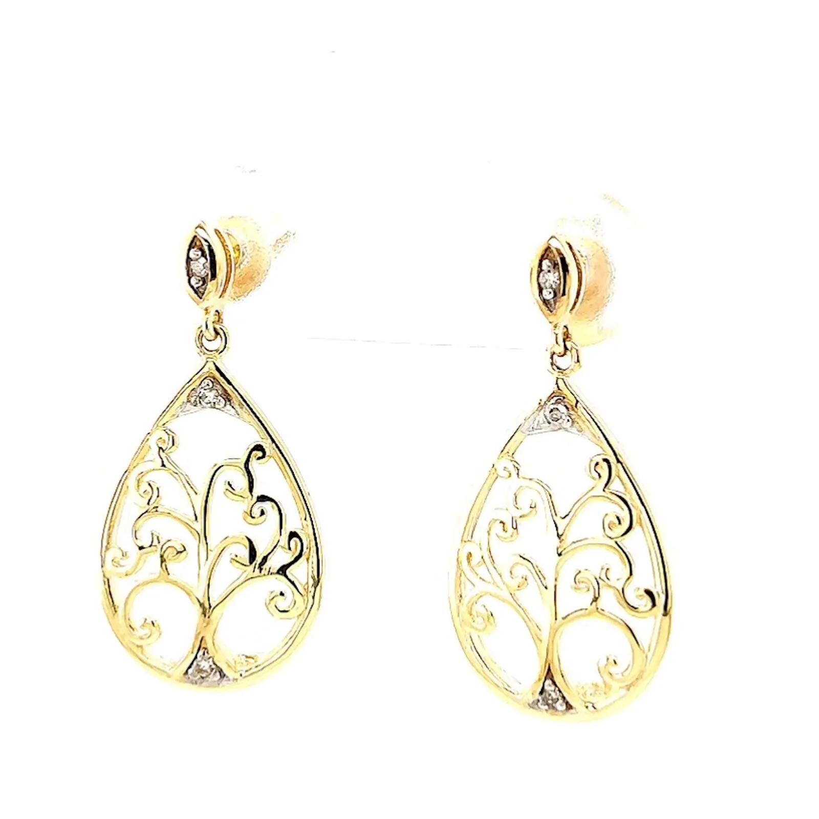 9ct Yellow Gold Diamond Set Tree of Life  Drop Earrings