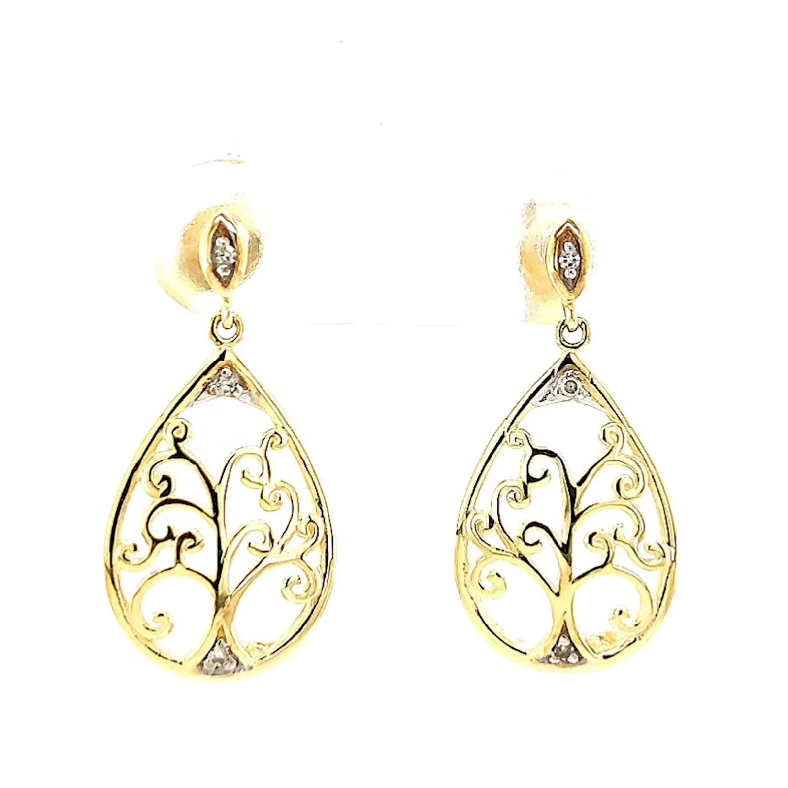 9ct Yellow Gold Diamond Set Tree of Life  Drop Earrings