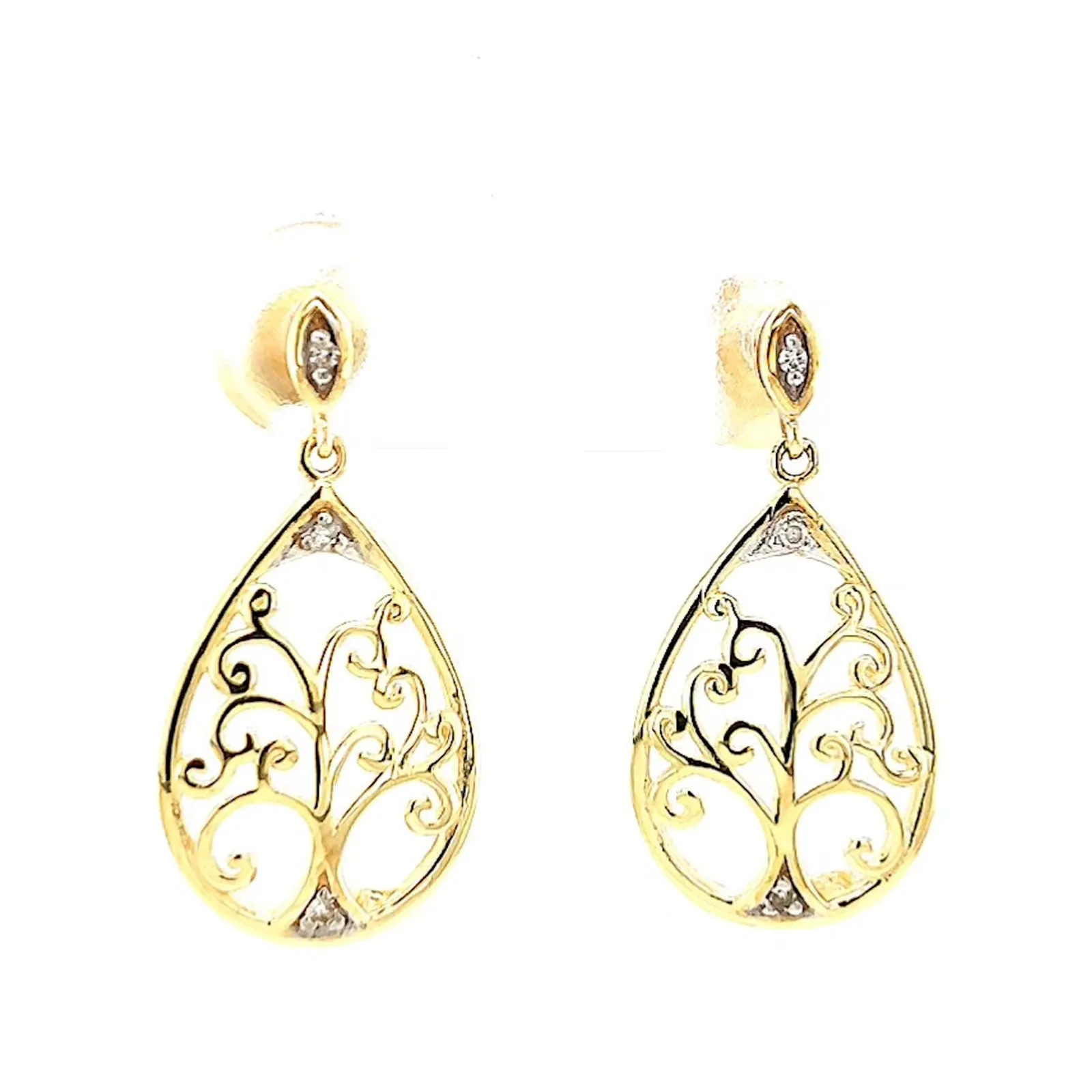 9ct Yellow Gold Diamond Set Tree of Life  Drop Earrings