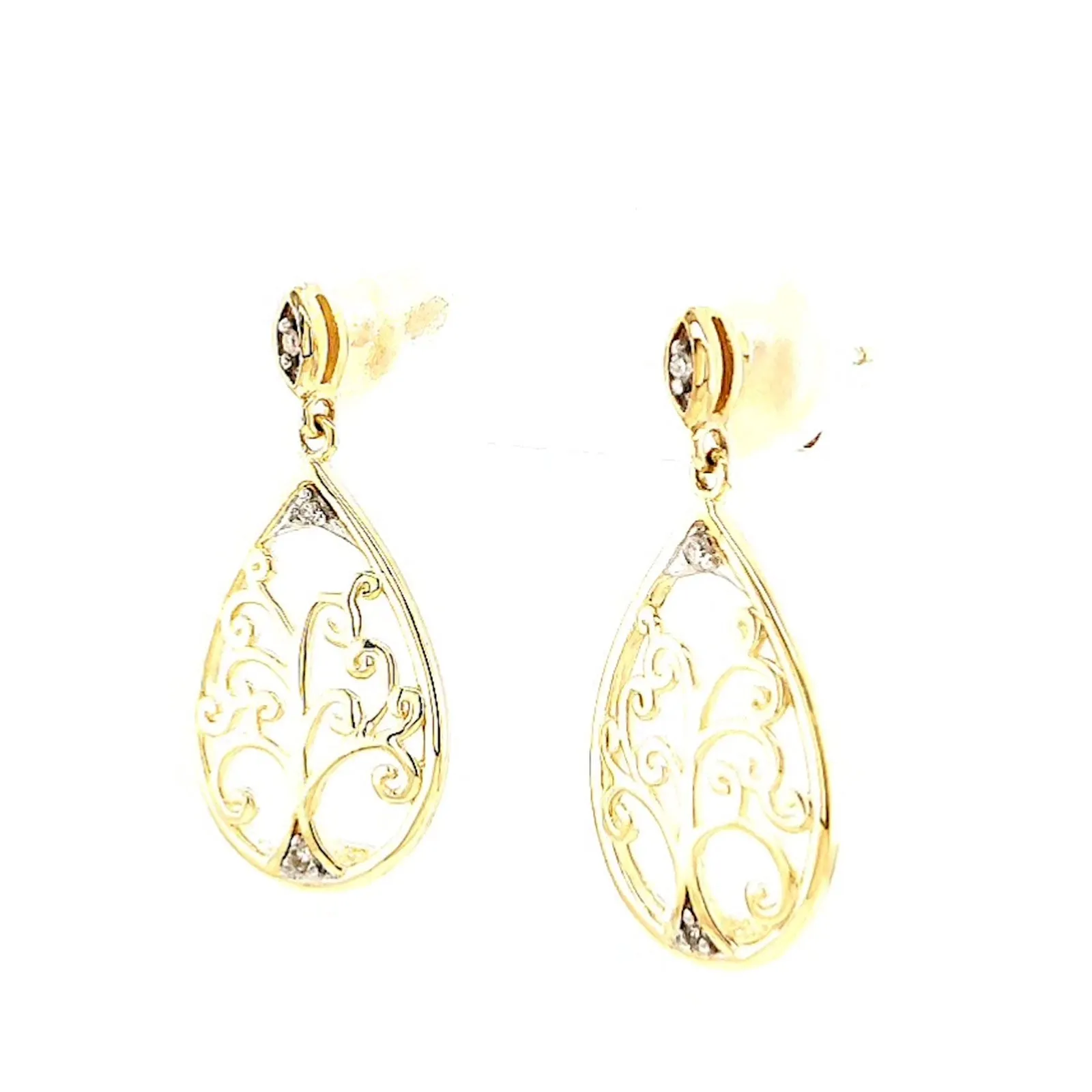 9ct Yellow Gold Diamond Set Tree of Life  Drop Earrings