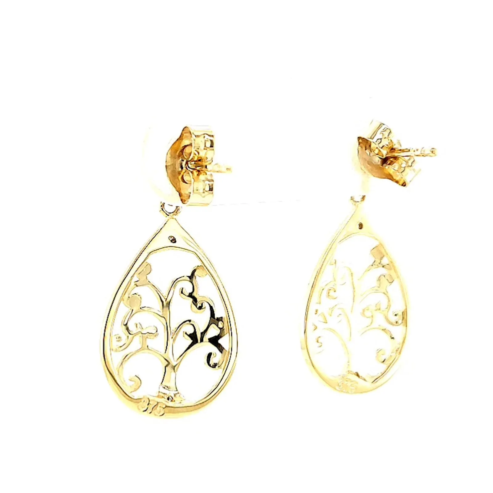 9ct Yellow Gold Diamond Set Tree of Life  Drop Earrings