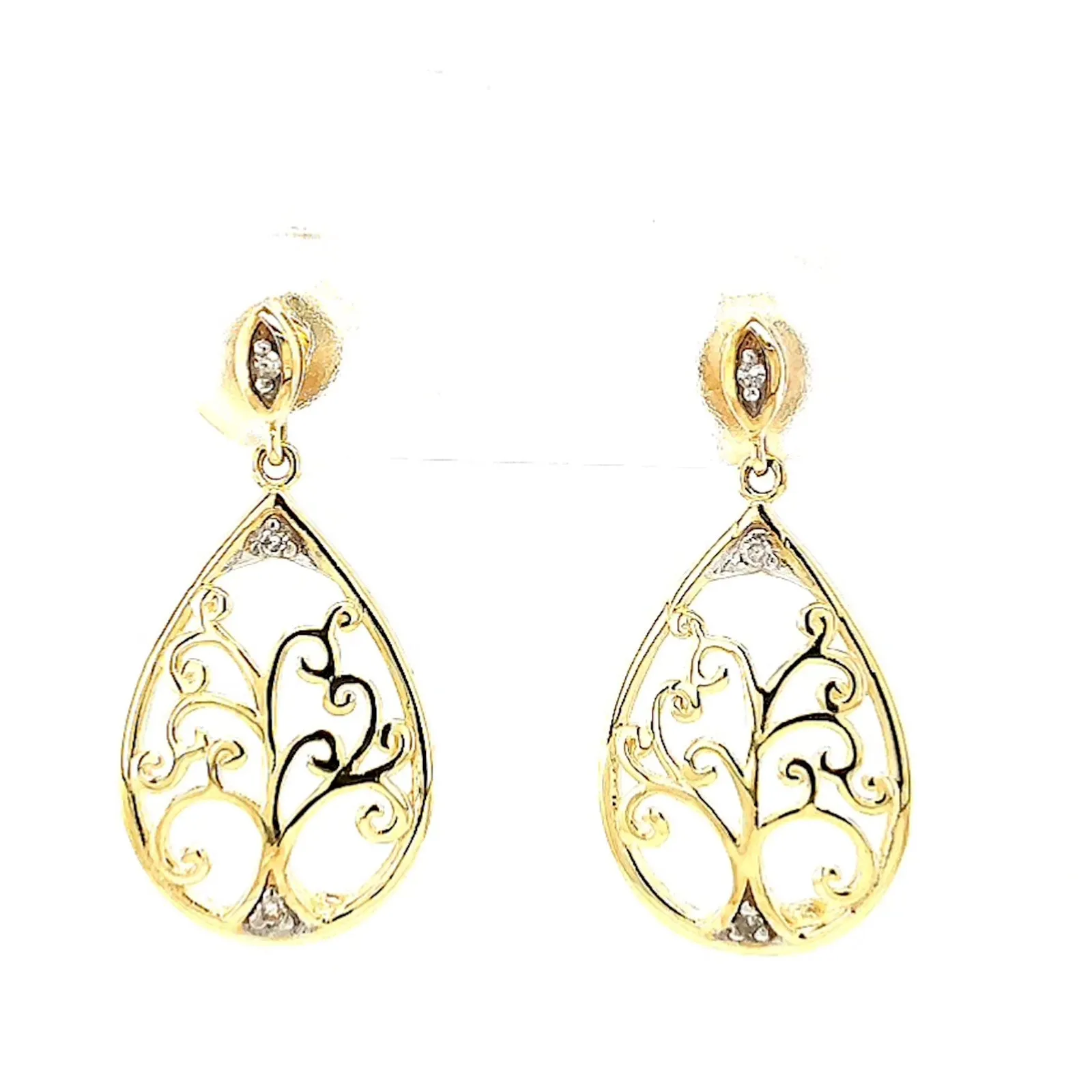9ct Yellow Gold Diamond Set Tree of Life  Drop Earrings