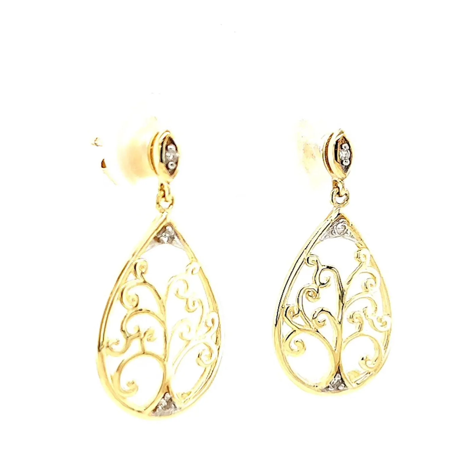 9ct Yellow Gold Diamond Set Tree of Life  Drop Earrings