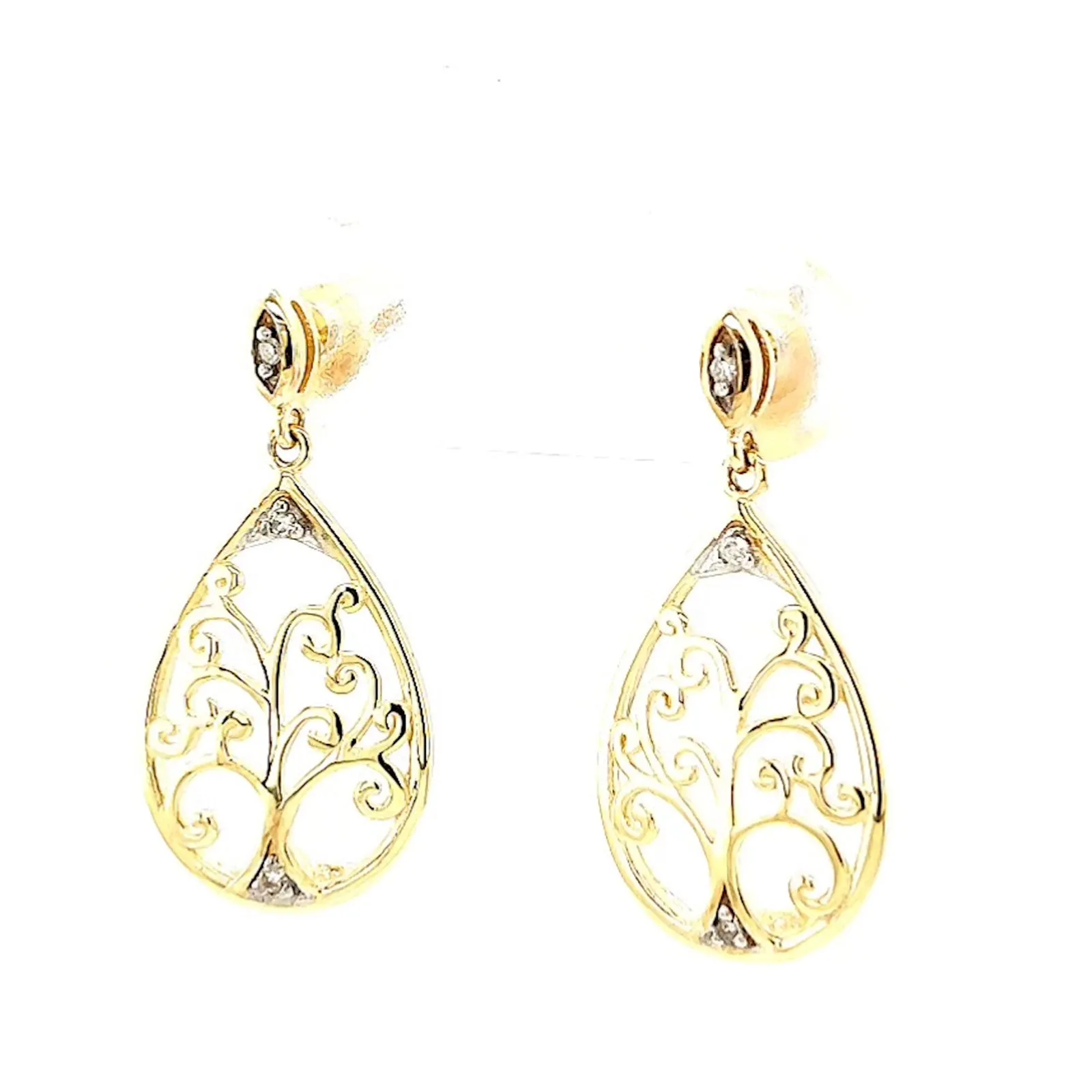 9ct Yellow Gold Diamond Set Tree of Life  Drop Earrings