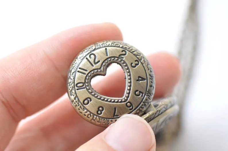 Antique Bronze Small Cut Out Heart Cover Round Pocket Watch Set of 1 A8828