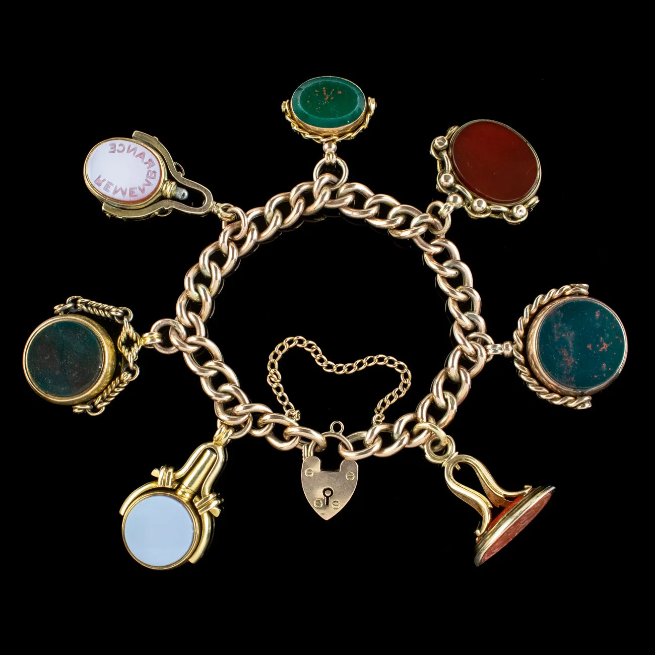 Antique Victorian Curb Charm Bracelet 9ct Gold With Seven Agate Fobs