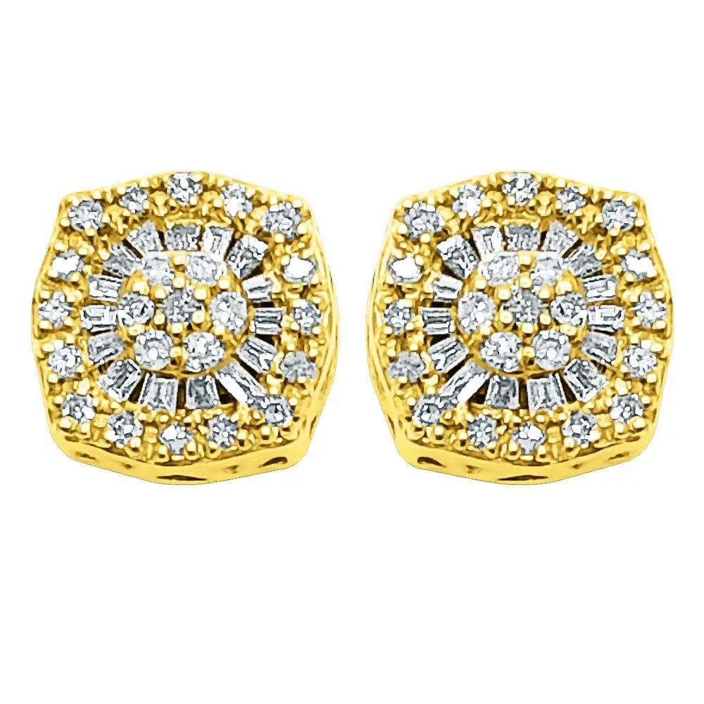 Baguette Circle Cushion Diamond Earrings .38cttw 10K Yellow Gold