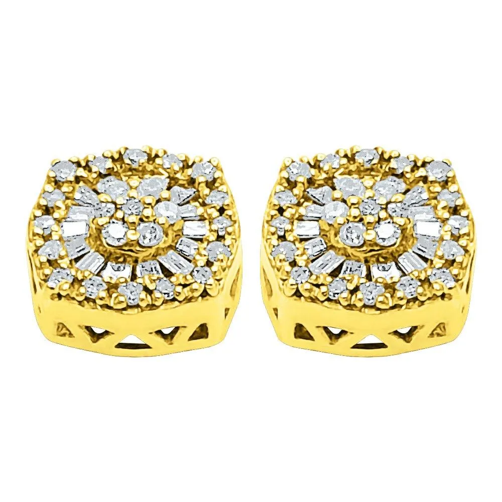 Baguette Circle Cushion Diamond Earrings .38cttw 10K Yellow Gold