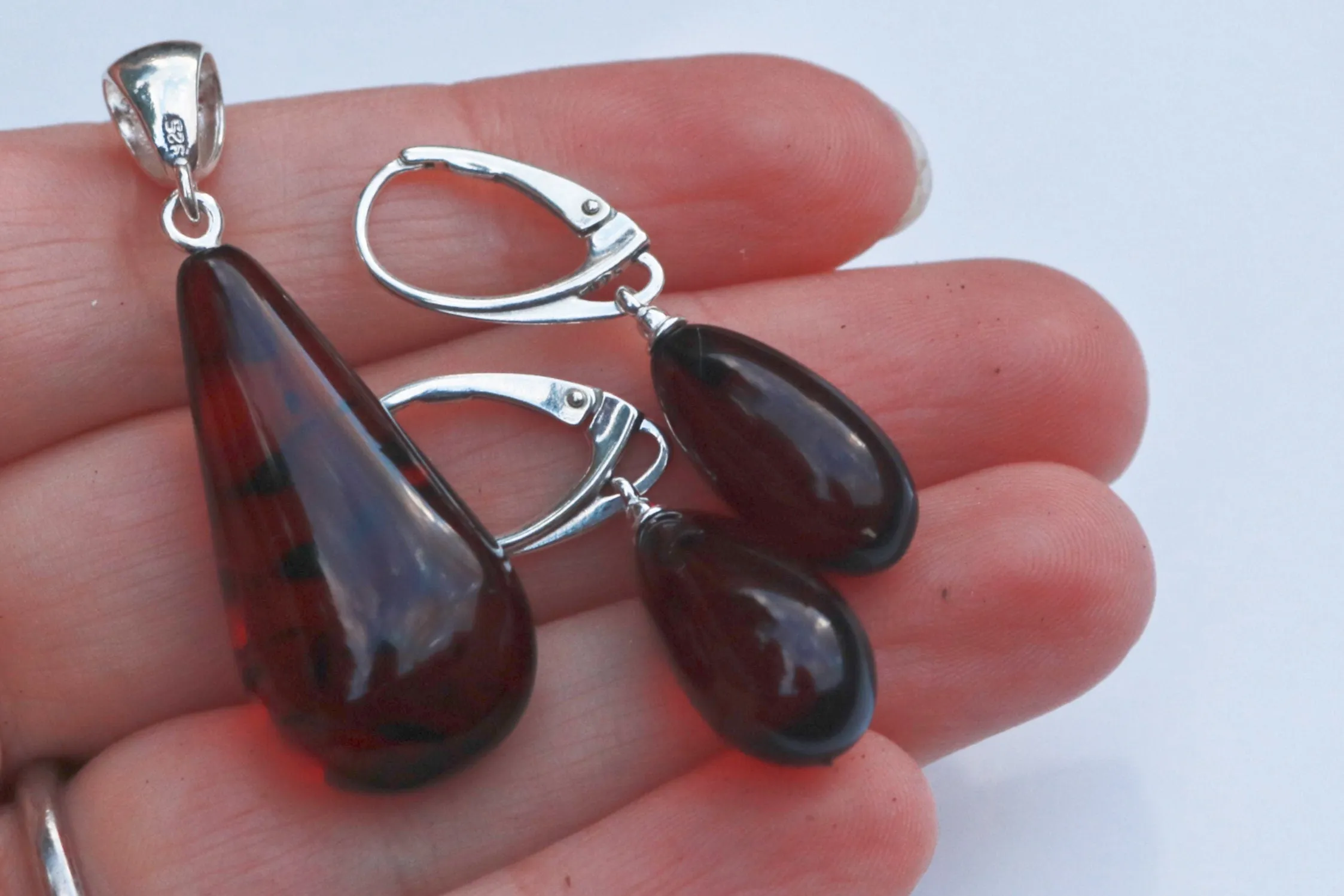 Baltic Amber Jewelry Set Cherry Drop Pendant and Earrings Natural 6.9 gram