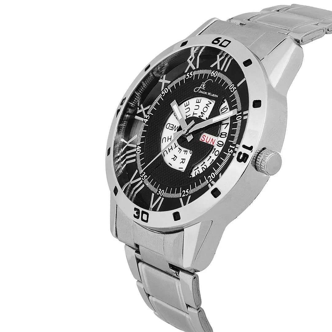 Black Dial Silver Steel Chain Day and Date Multifunction Chronograph Wrist Watch for Men