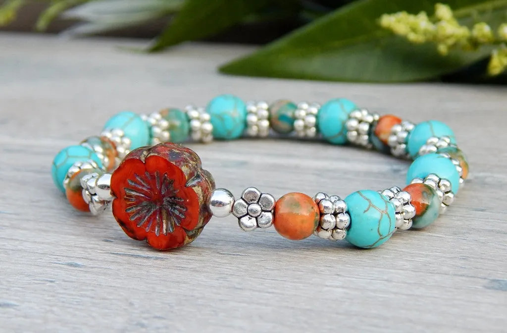 Blue and Orange Beaded Hippie Bracelet with Flower Focal Bead