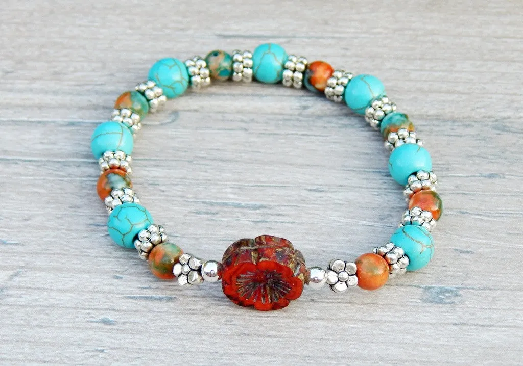 Blue and Orange Beaded Hippie Bracelet with Flower Focal Bead