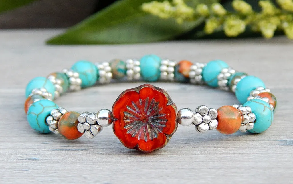 Blue and Orange Beaded Hippie Bracelet with Flower Focal Bead