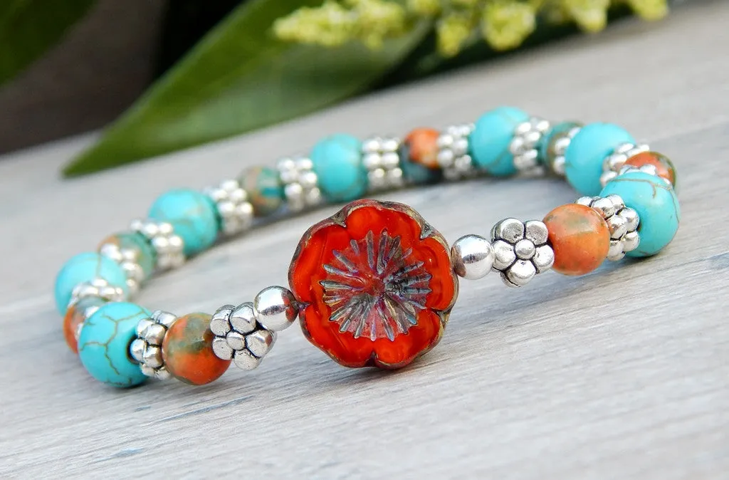 Blue and Orange Beaded Hippie Bracelet with Flower Focal Bead