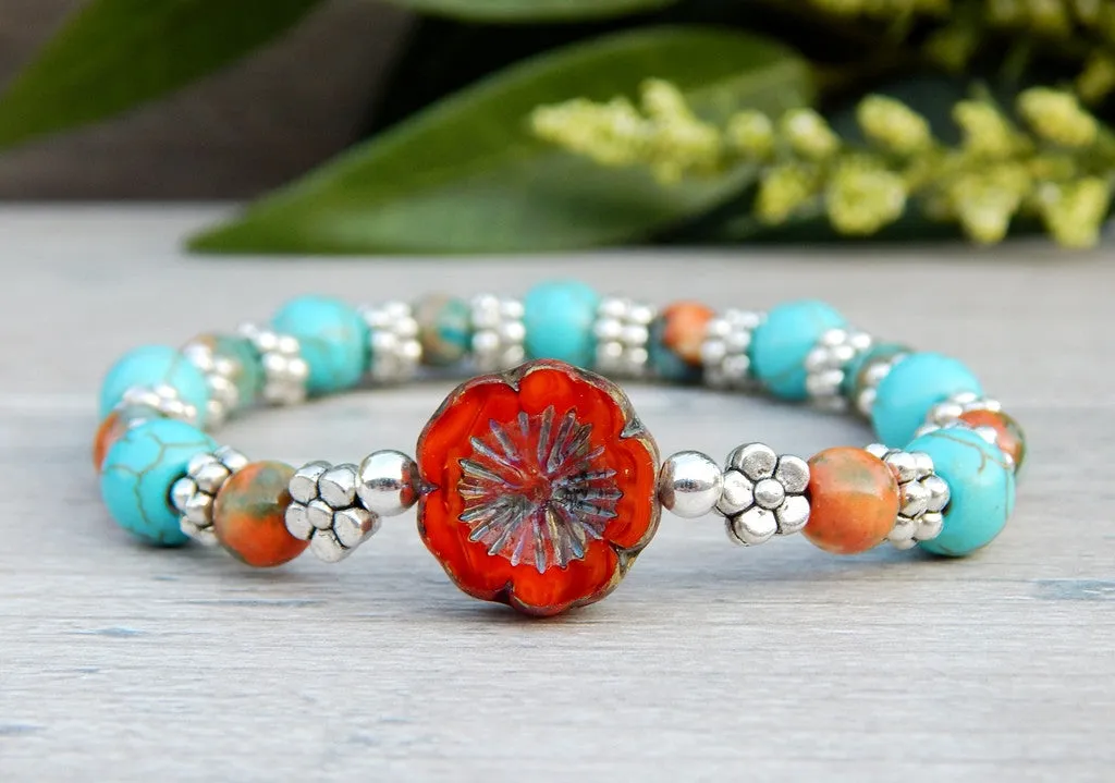 Blue and Orange Beaded Hippie Bracelet with Flower Focal Bead
