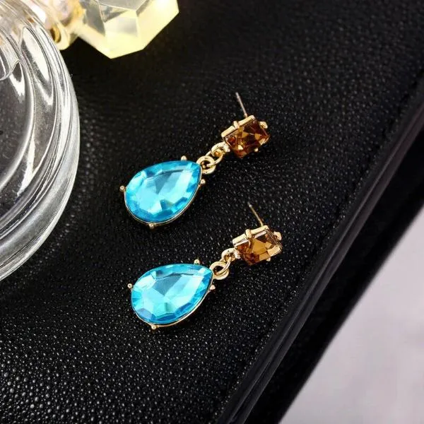 Blue Teardrop Champagne Rhinestone Earrings