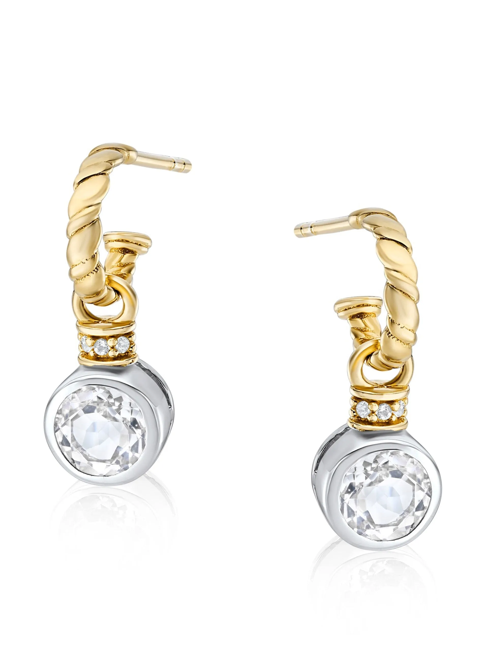 Brilliant cut charms on twisted hoops