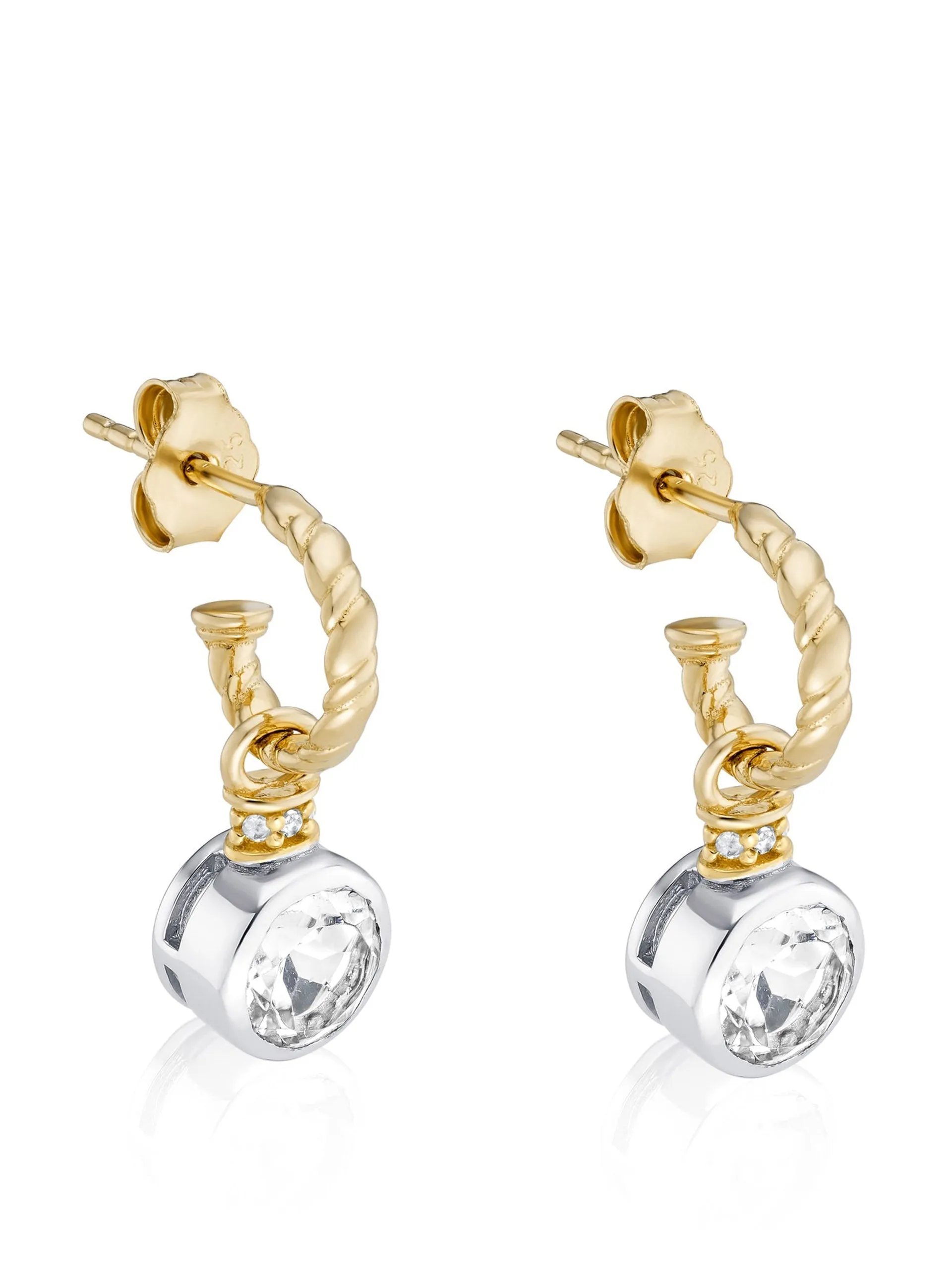 Brilliant cut charms on twisted hoops