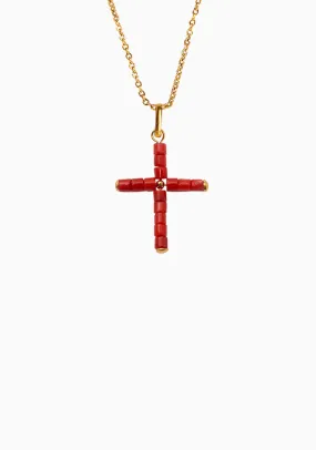 Coral Cross Charm Necklace_Gold