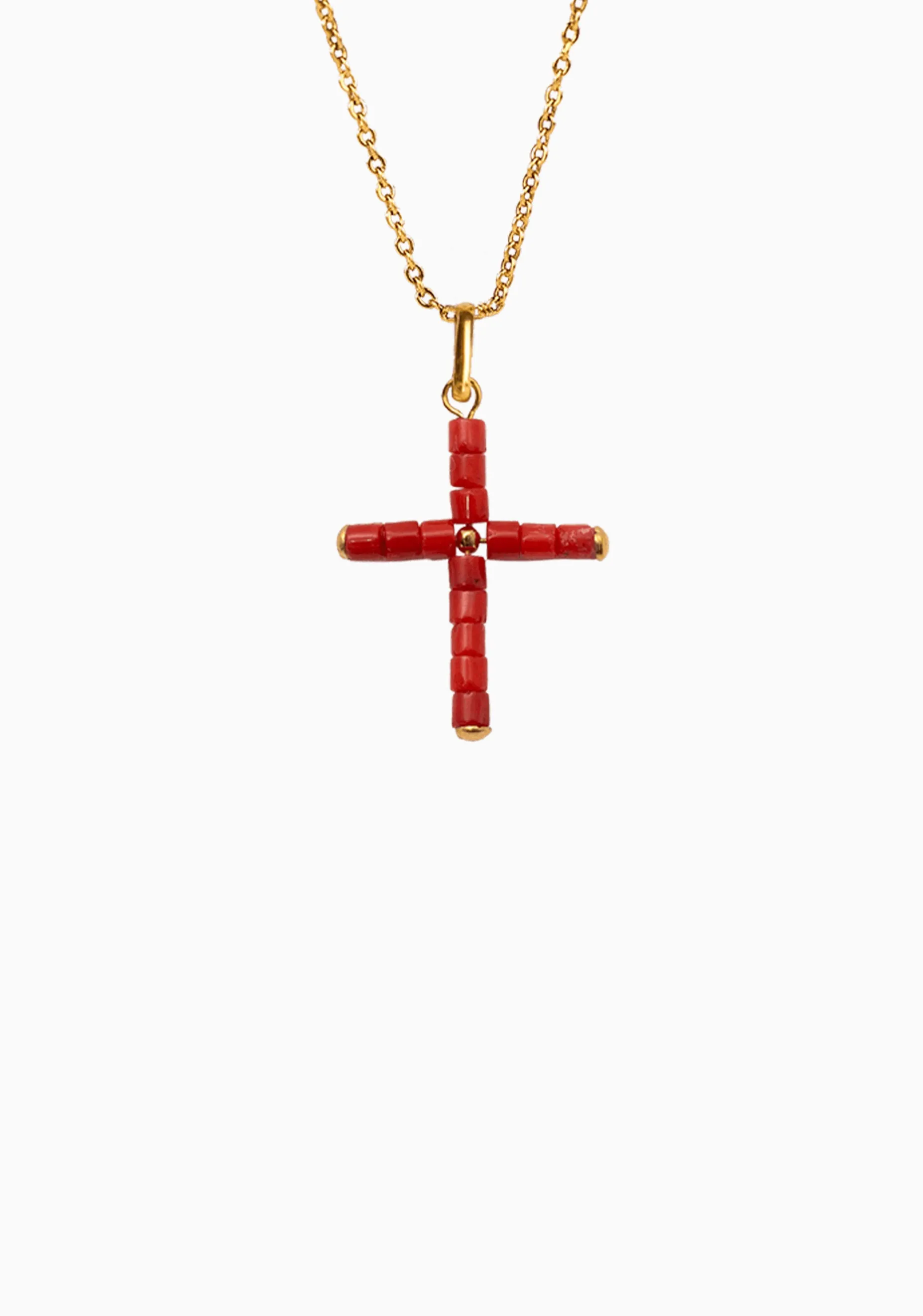 Coral Cross Charm Necklace_Gold