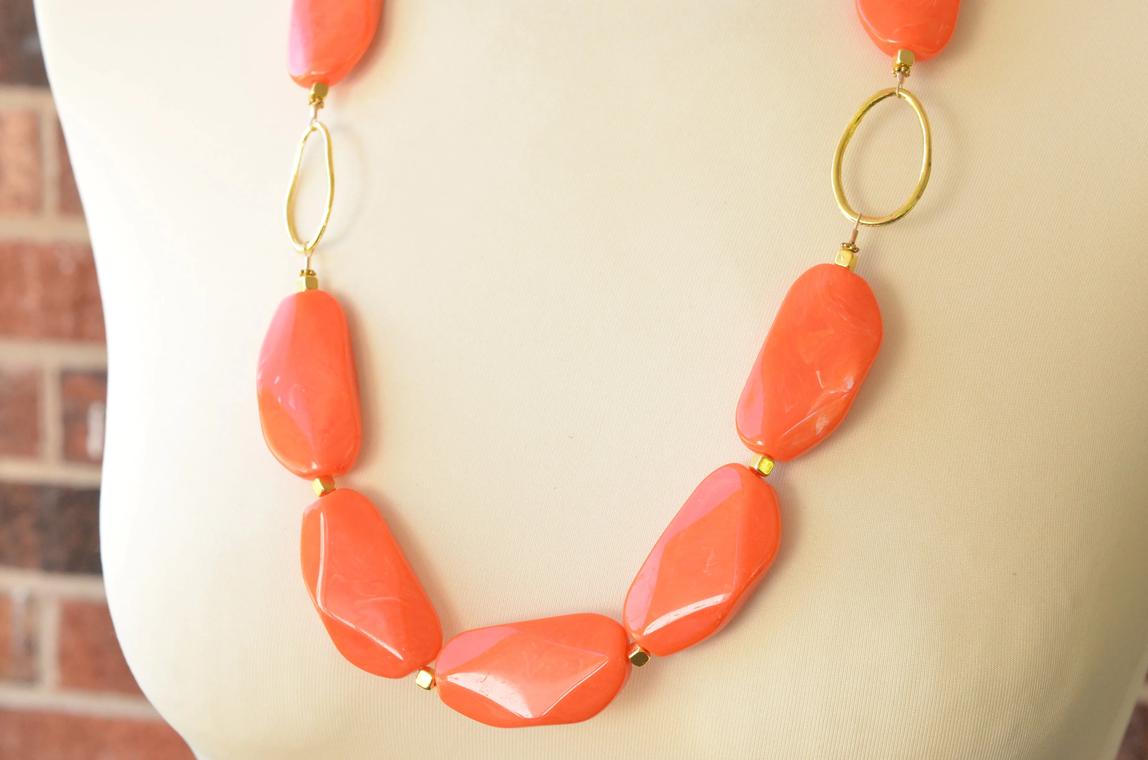 Coral Orange Gold Lucite Long Statement Acrylic Bead Necklace
