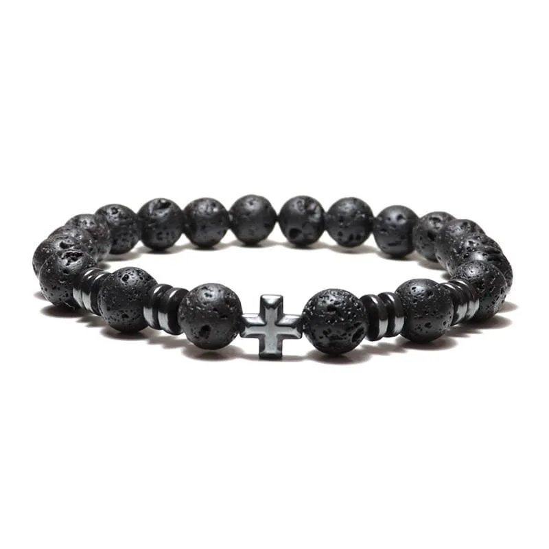 Cross Bead Bracelet <br> Black Lava Stone