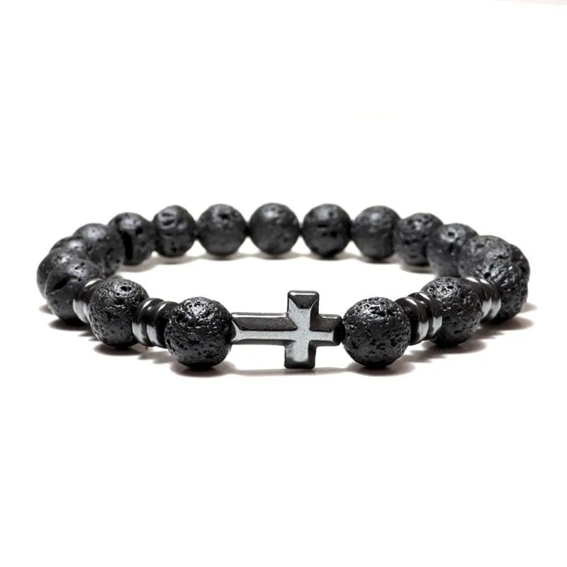 Cross Bead Bracelet <br> Black Lava Stone