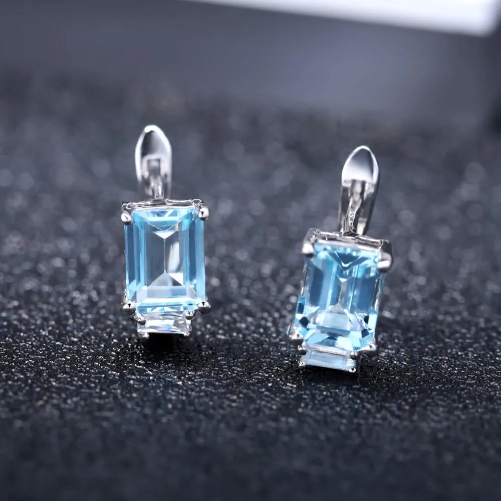 Emerald Cut Natural Blue Topaz Stud Earrings