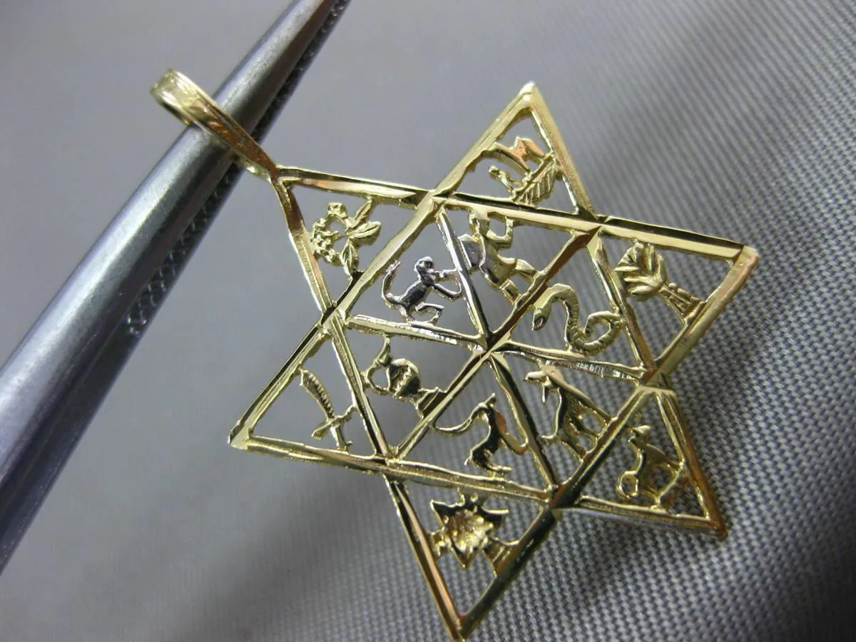 ESTATE LARGE 14KT YELLOW GOLD HANDCRAFTED STAR OF DAVID 12 TRIBES PENDANT #24986