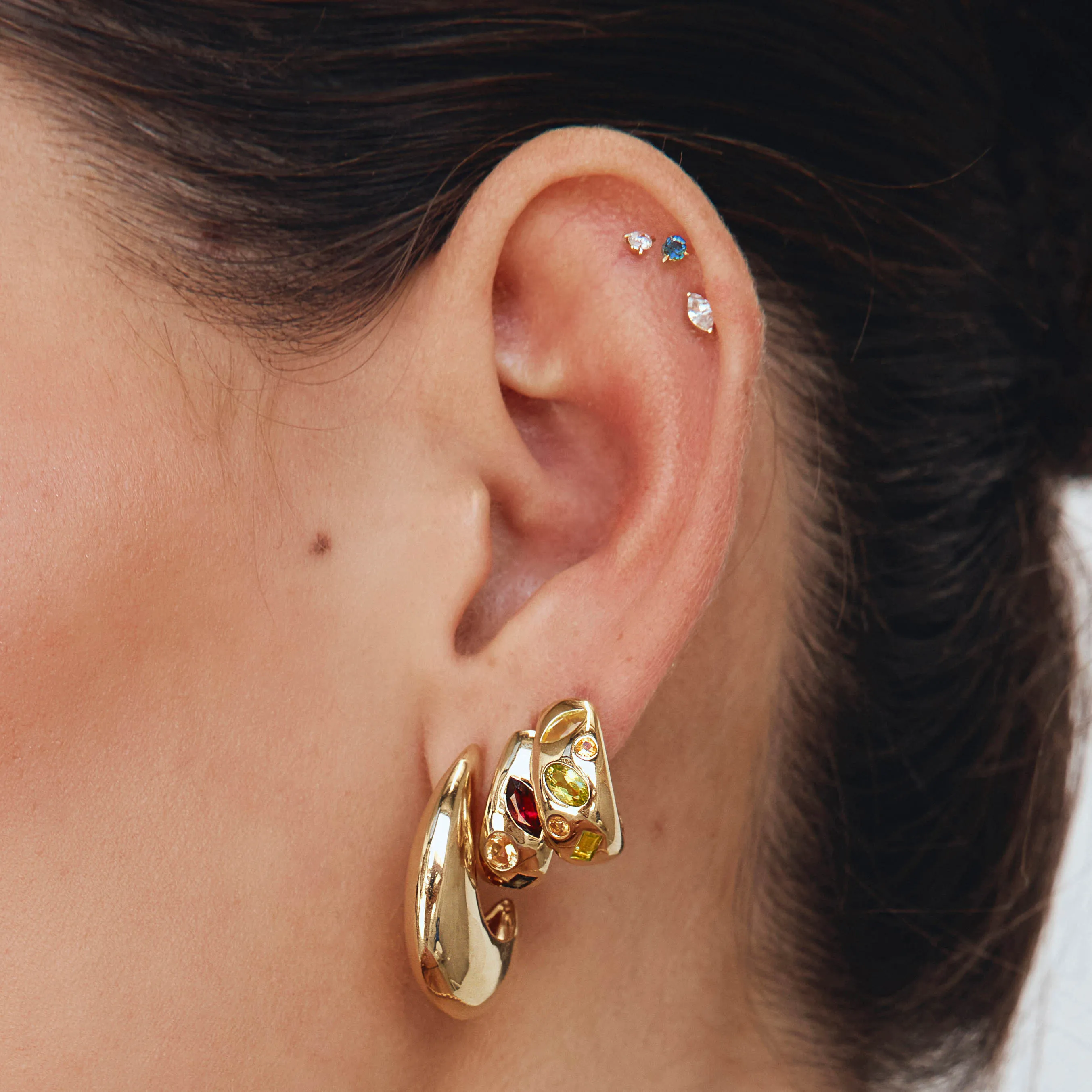 Garnet Multi Gemstone Curve Huggies in Gold