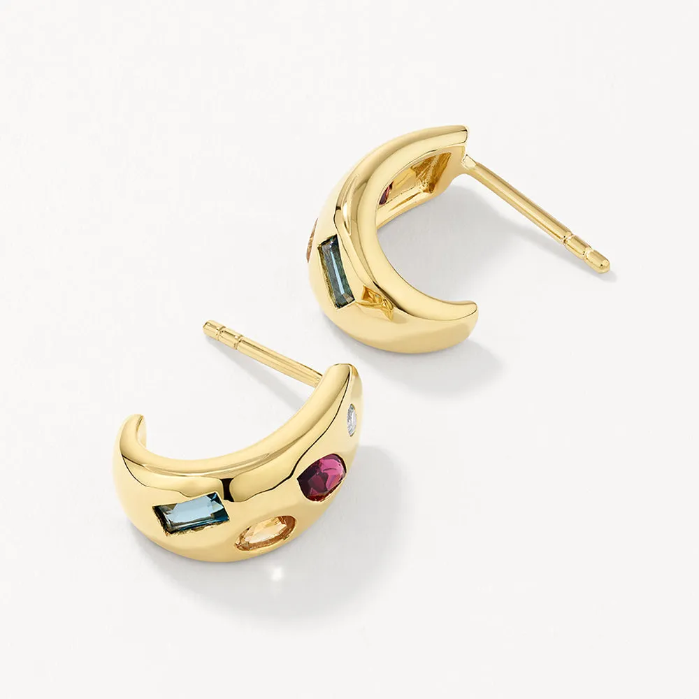 Garnet Multi Gemstone Curve Huggies in Gold